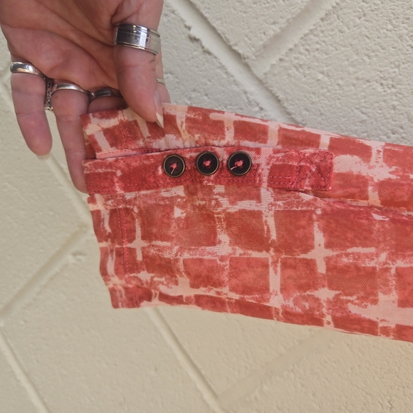 Free People- Sheer- 3/4 Button Front- Long Sleeve- Blouse- Red/Tan- Size Medium - Picture 3 of 16